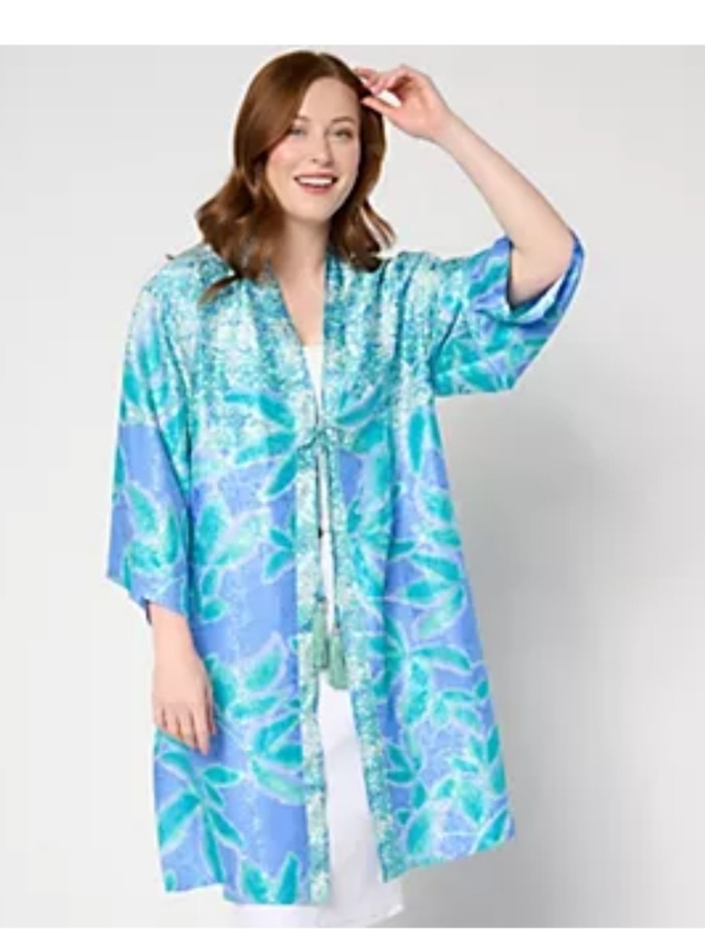 Susan Graver Passport Petite Woven Jacquard Blue Green Floral Kimono Cover-Up